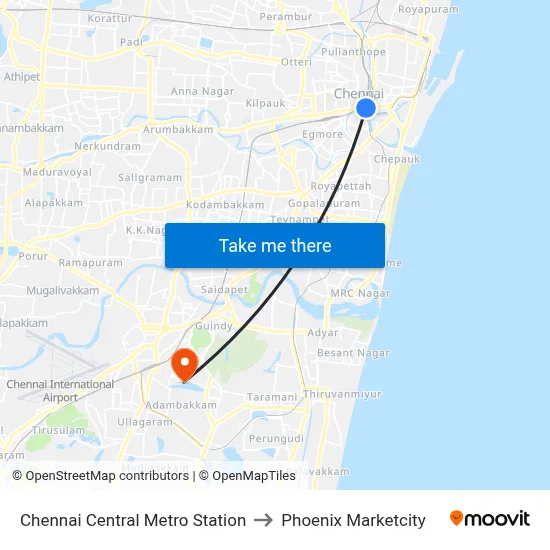 Chennai Central Metro Station to Phoenix Marketcity map
