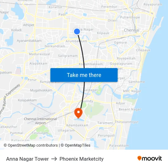 Anna Nagar Tower to Phoenix Marketcity map