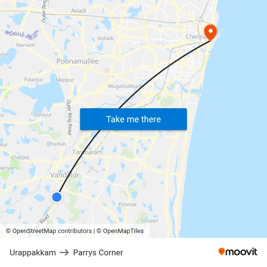 Urappakkam to Parrys Corner map