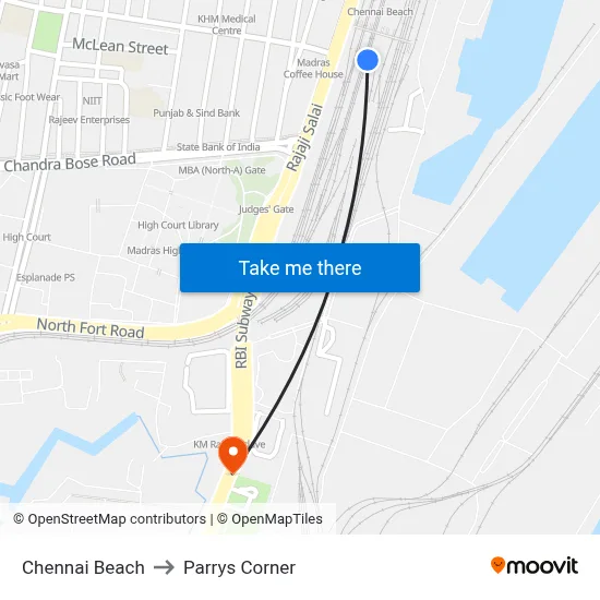 Chennai Beach to Parrys Corner map