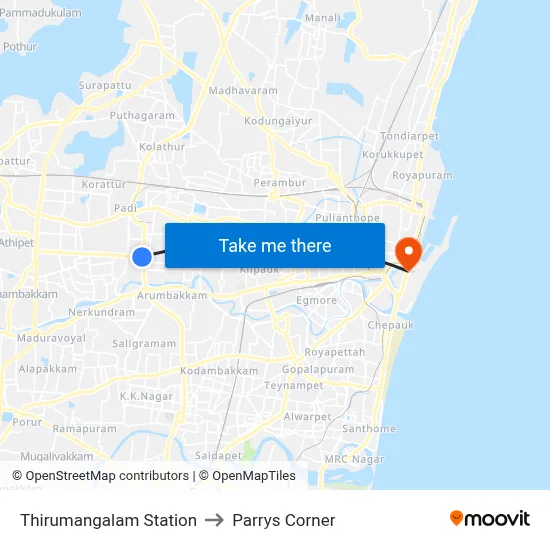 Thirumangalam Station to Parrys Corner map