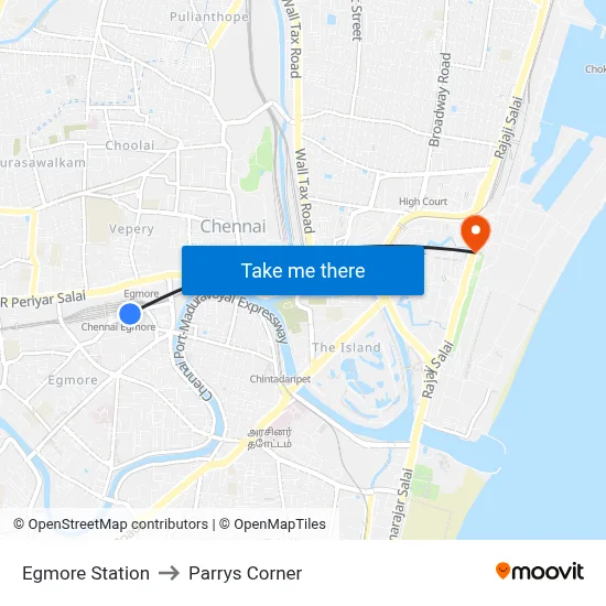 Egmore Station to Parrys Corner map