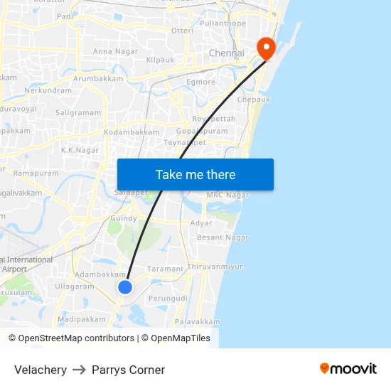 Velachery to Parrys Corner map