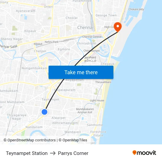 Teynampet Station to Parrys Corner map