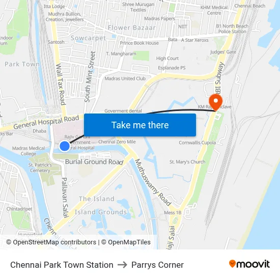 Chennai Park Town Station to Parrys Corner map