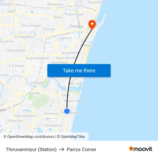 Thiruvanmiyur (Station) to Parrys Corner map