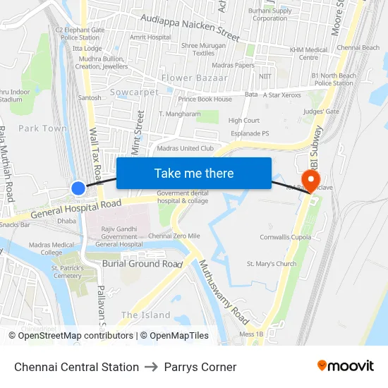 Chennai Central Station to Parrys Corner map