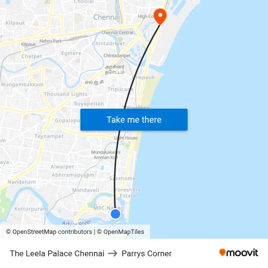 The Leela Palace Chennai to Parrys Corner map