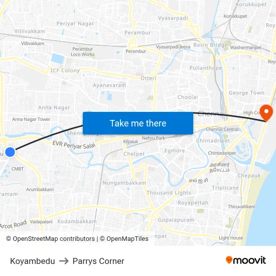 Koyambedu to Parrys Corner map