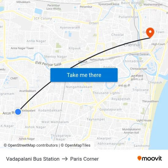 Vadapalani Bus Station to Paris Corner map