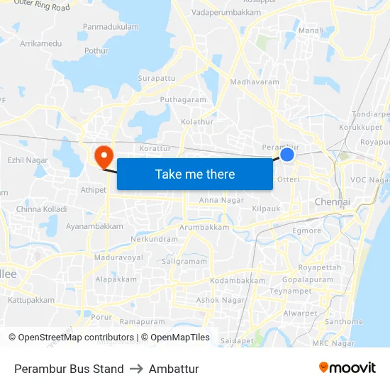 Perambur Bus Stand to Ambattur map