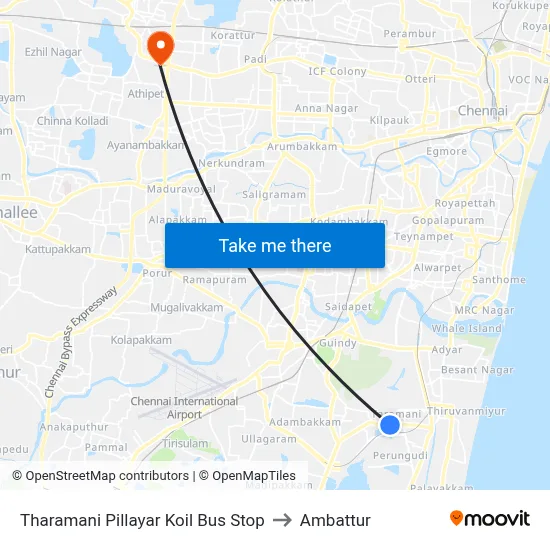 Tharamani Pillayar Koil Bus Stop to Ambattur map
