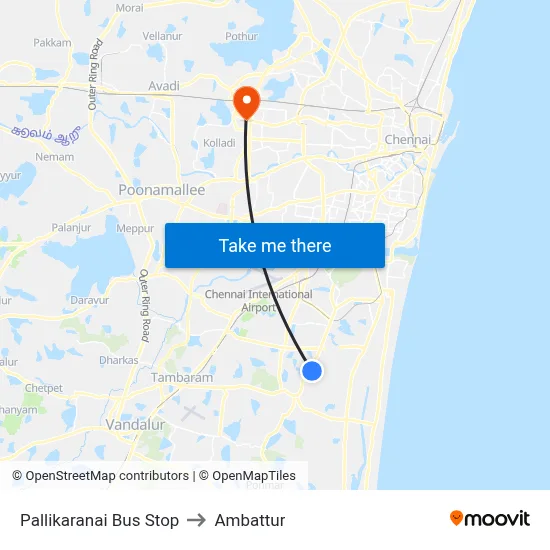Pallikaranai Bus Stop to Ambattur map