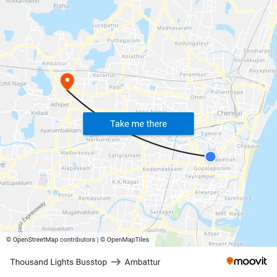 Thousand Lights Busstop to Ambattur map