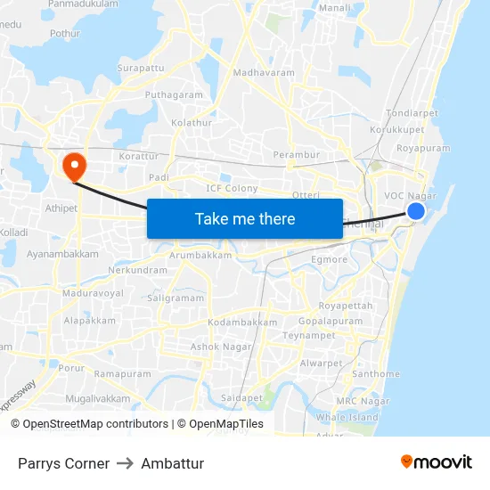 Parrys Corner to Ambattur map