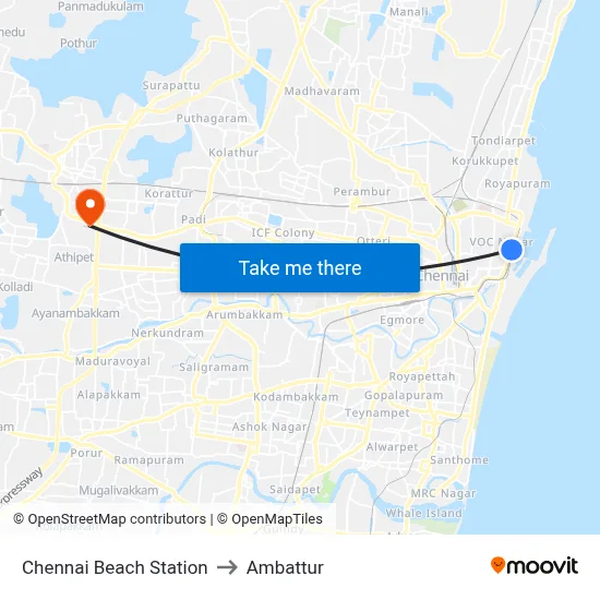Chennai Beach Station to Ambattur map