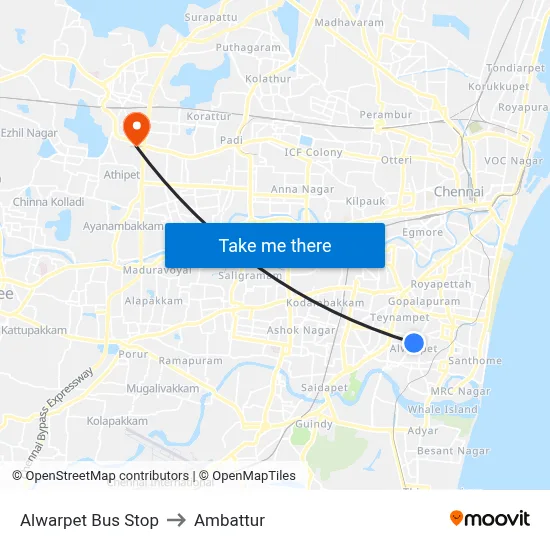 Alwarpet Bus Stop to Ambattur map