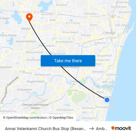 Annai Velankanni Church Bus Stop (Besant Nagar Chruch) to Ambattur map
