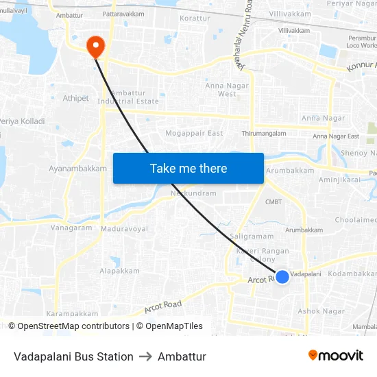 Vadapalani Bus Station to Ambattur map