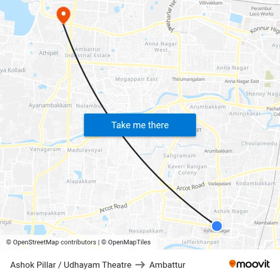 Ashok Pillar / Udhayam Theatre to Ambattur map