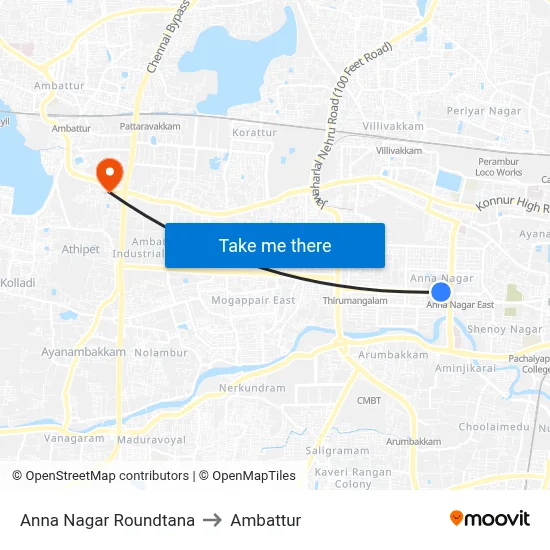 Anna Nagar Roundtana to Ambattur map