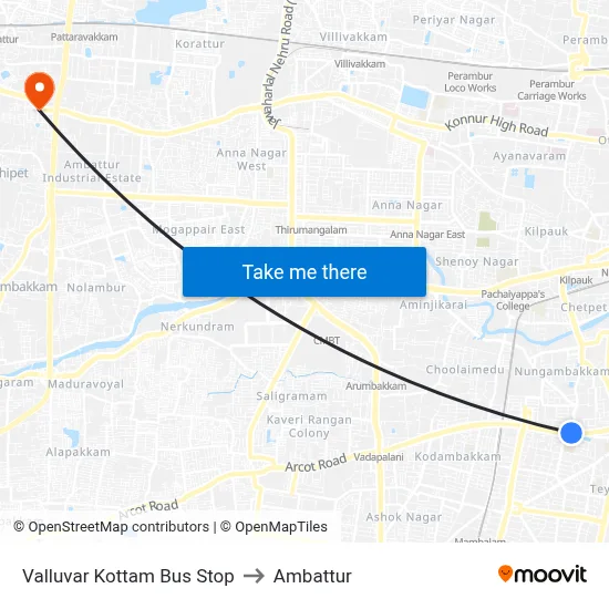 Valluvar Kottam Bus Stop to Ambattur map