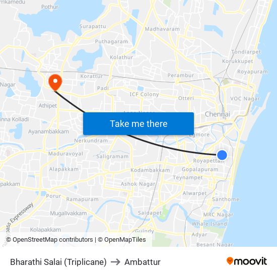 Bharathi Salai (Triplicane) to Ambattur map