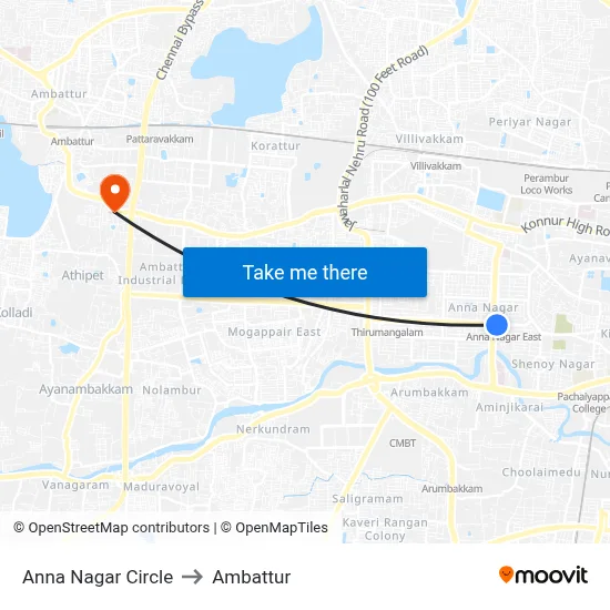 Anna Nagar Circle to Ambattur map