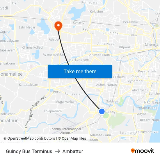 Guindy Bus Terminus to Ambattur map