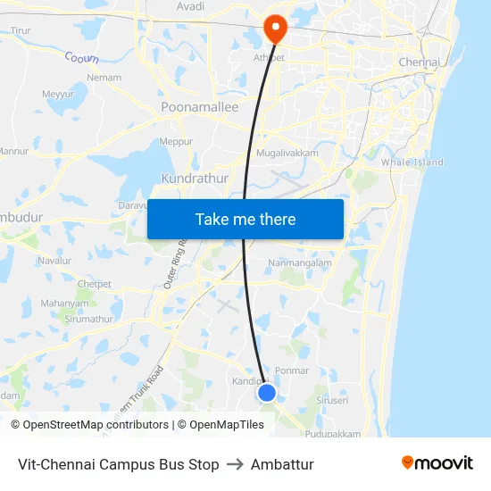 Vit-Chennai Campus Bus Stop to Ambattur map