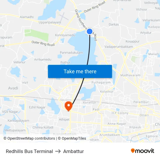 Redhills Bus Terminal to Ambattur map