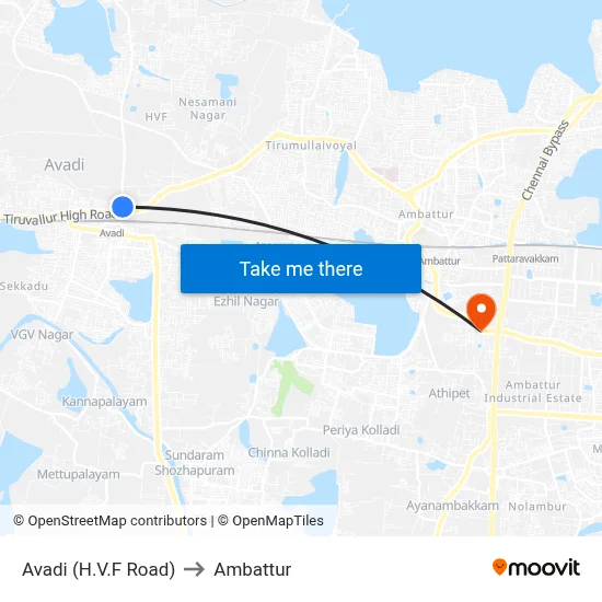 Avadi (H.V.F Road) to Ambattur map