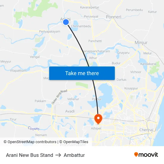 Arani New Bus Stand to Ambattur map