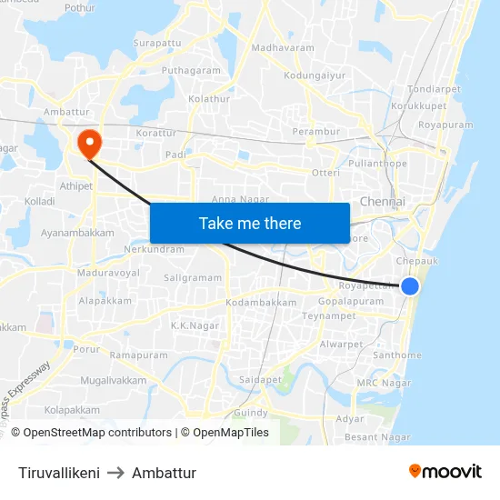 Tiruvallikeni to Ambattur map