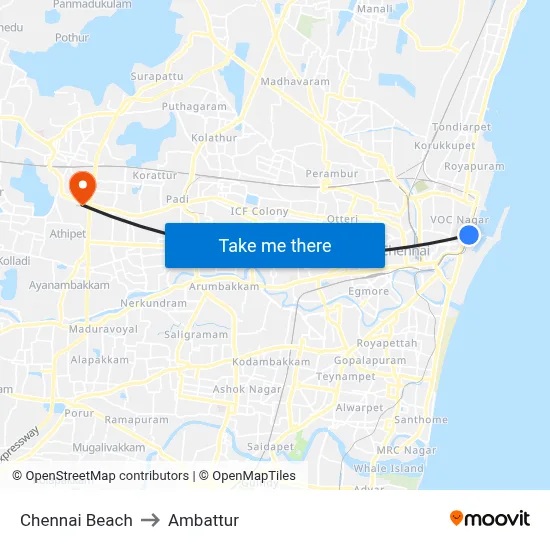 Chennai Beach to Ambattur map