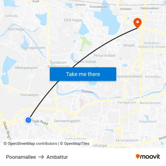 Poonamallee to Ambattur map