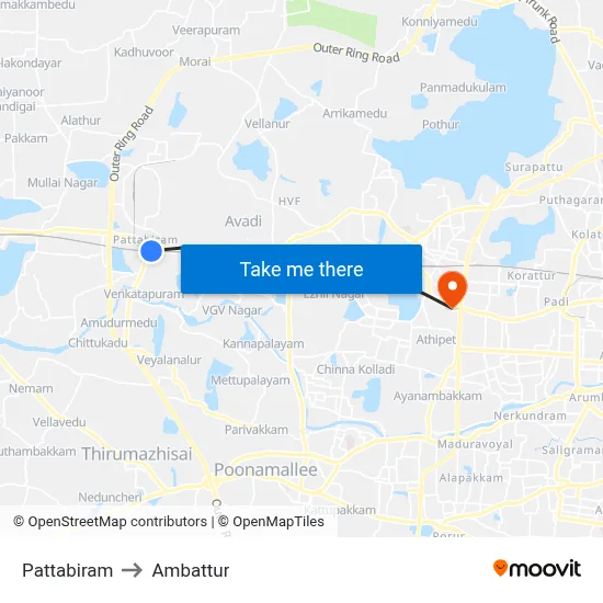 Pattabiram to Ambattur map