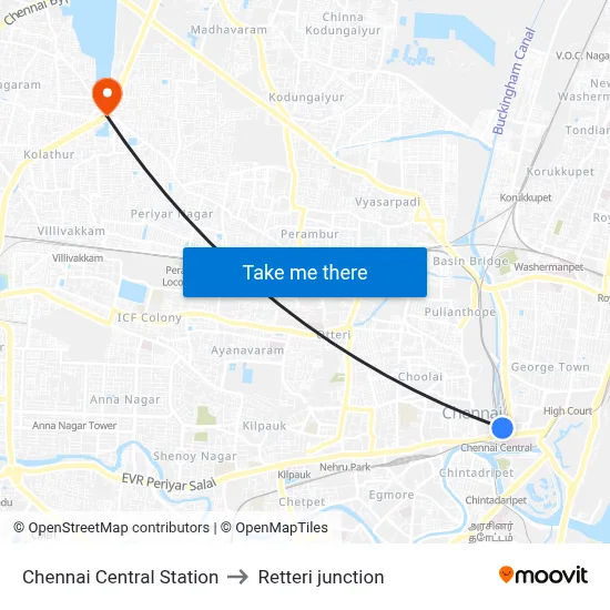 Chennai Central Station to Retteri junction map