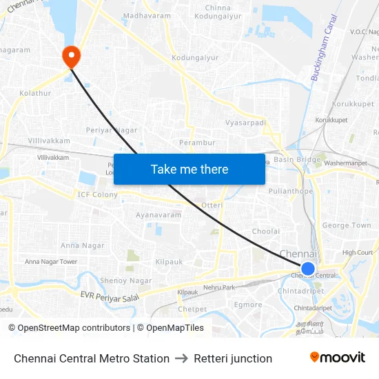 Chennai Central Metro Station to Retteri junction map