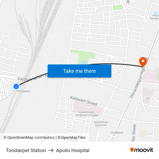 Tondiarpet Station to Apollo Hospital map