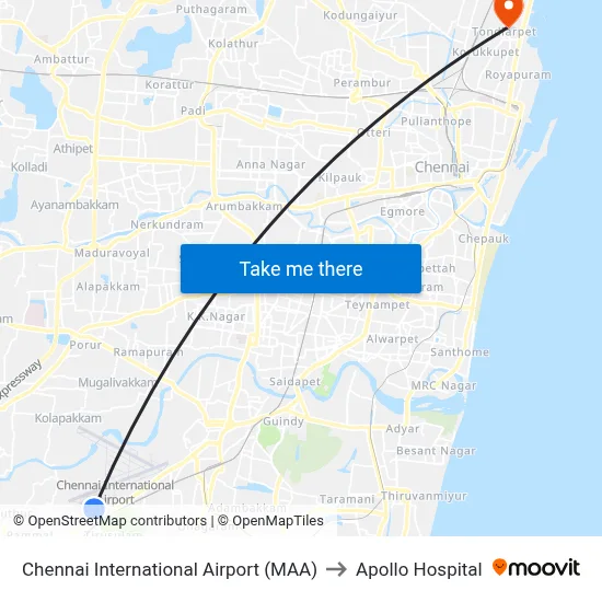 Chennai International Airport (MAA) to Apollo Hospital map