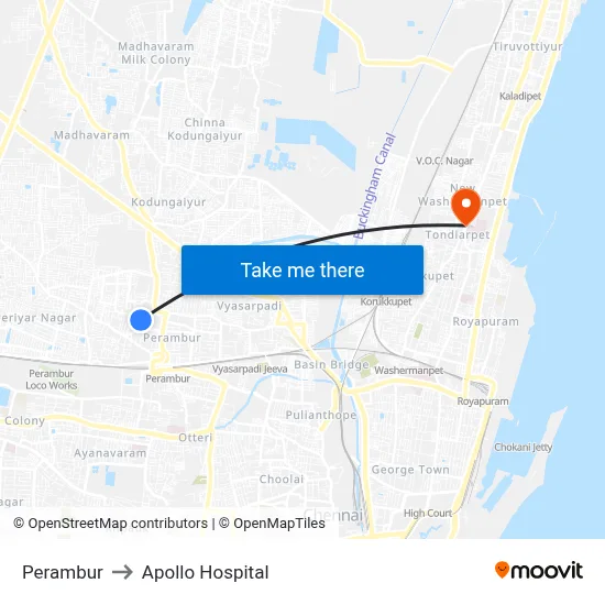 Perambur to Apollo Hospital map