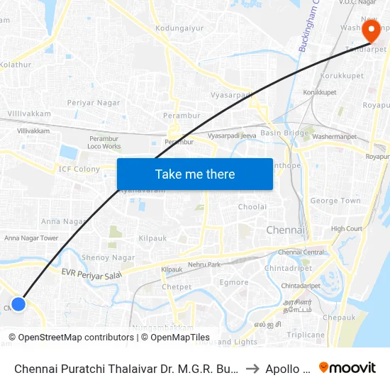 Chennai Puratchi Thalaivar Dr. M.G.R. Bus Terminus (CMBT Koyambedu) to Apollo Hospital map
