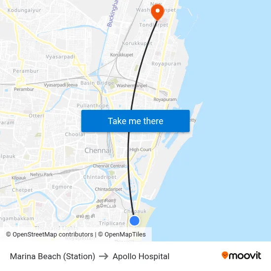 Marina Beach (Station) to Apollo Hospital map