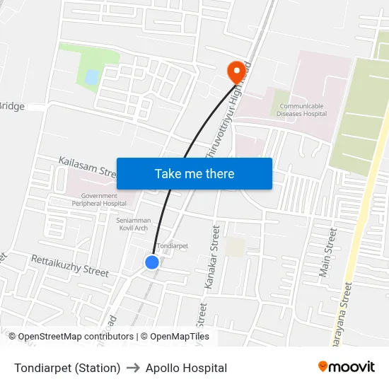 Tondiarpet (Station) to Apollo Hospital map