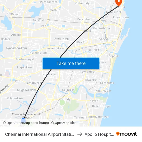 Chennai International Airport Station to Apollo Hospital map