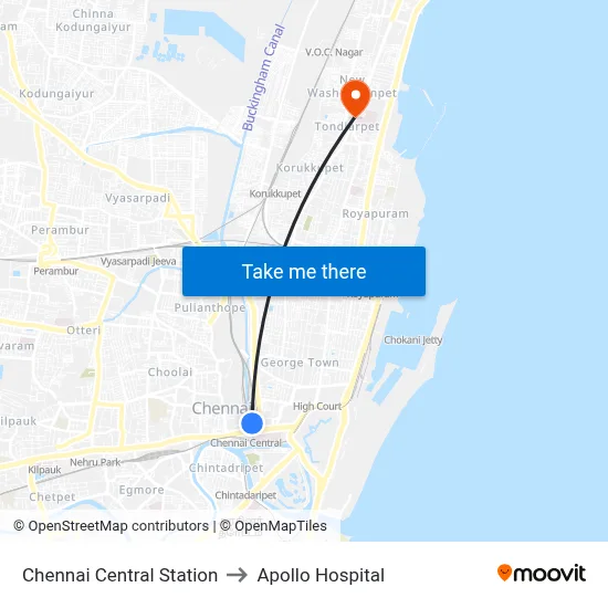 Chennai Central Station to Apollo Hospital map