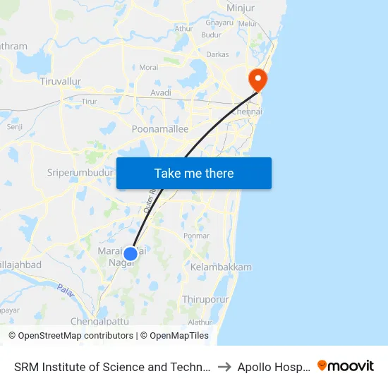 SRM Institute of Science and Technology to Apollo Hospital map