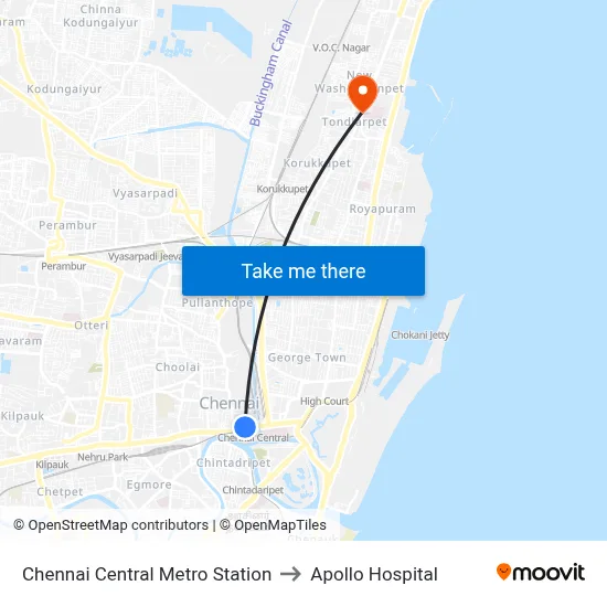 Chennai Central Metro Station to Apollo Hospital map