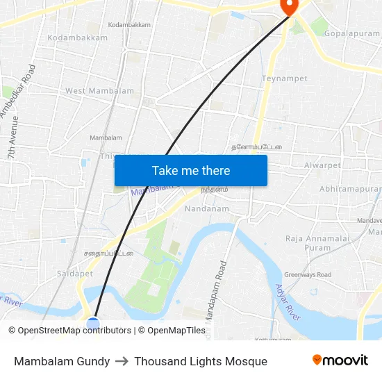 Mambalam Gundy to Thousand Lights Mosque map